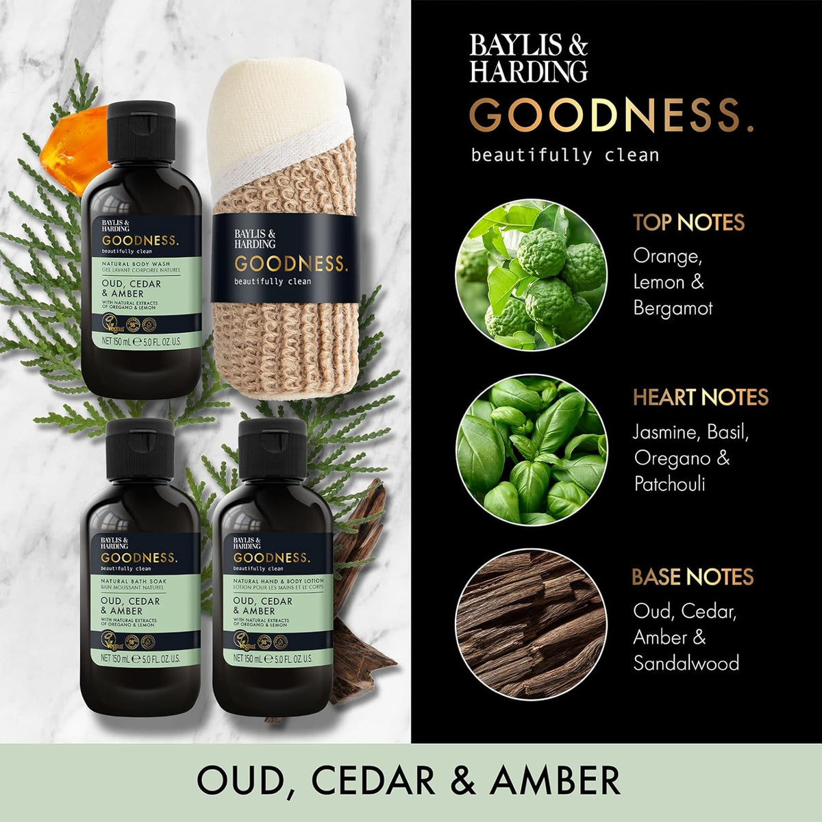 Baylis And Harding Goodness Oud Cedar And Amber Natural Essentials Kit